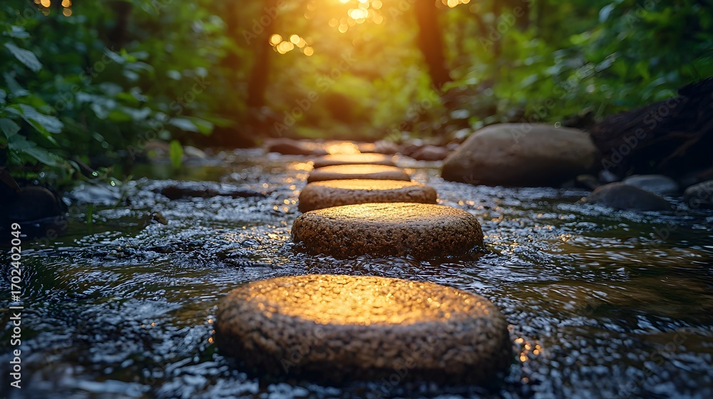 Poster stepping stones create a path across a flowing stream in a sunlit forest