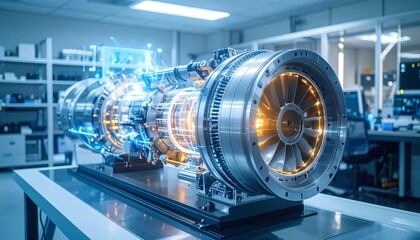 A detailed view of an advanced machine with intricate internal components highlighted in blue and orange hues in a laboratory setting