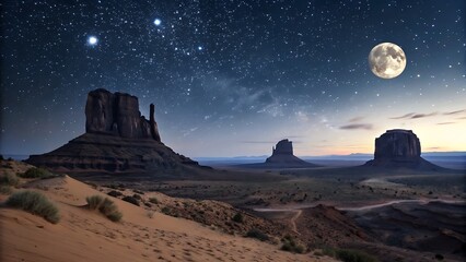 Magnificent Nightscape: Desert Buttes Under a Starry Sky, Illuminated by a Full Moon in a Beautiful, Serene, and Quiet Landscape.