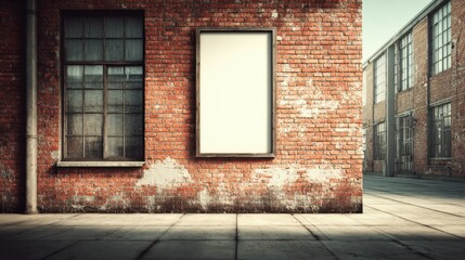 Fototapeta premium Urban Brick Wall with Blank Poster Frame Mockup for Advertising in an Industrial Setting