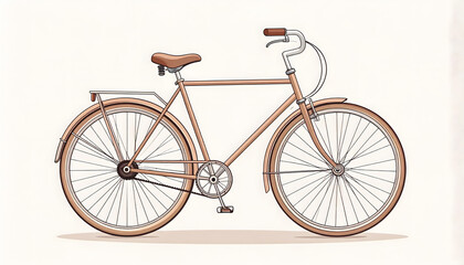 A minimalist line art vector illustration of a classic, vintage bicycle with thin frame details, a basket, and soft, warm colors, evoking a feeling of leisurely travel