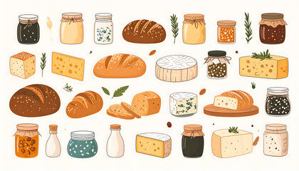 A minimalist vector illustration of a collection of artisanal food items, including various rustic bread loaves, different cheeses, and jars of jam and honey