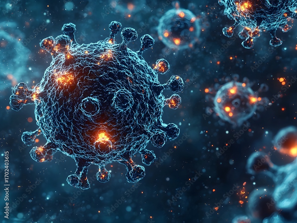 Poster microscopic 3d rendering of virus particles with glowing details symbolizing disease and scientific 