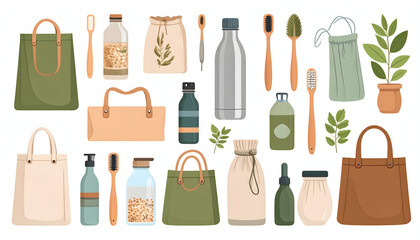 A modern flat vector set of various eco-friendly and reusable items, including bamboo toothbrushes, glass bottles, and tote bags, in a clean and natural color palette
