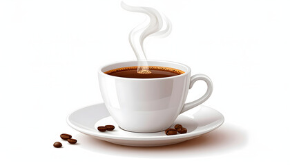 A photorealistic vector illustration of a steaming cup of hot black coffee on a matching saucer, with realistic lighting and soft shadows on a white background