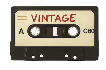 Naklejka premium Close-up of a vintage audio cassette tape with the word vintage written on its label, isolated on a transparent background