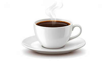 A photorealistic vector illustration of a steaming cup of hot black coffee on a matching saucer, with realistic lighting and soft shadows on a white background