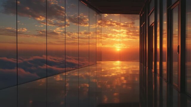 高窓から望む雲上の夕焼け