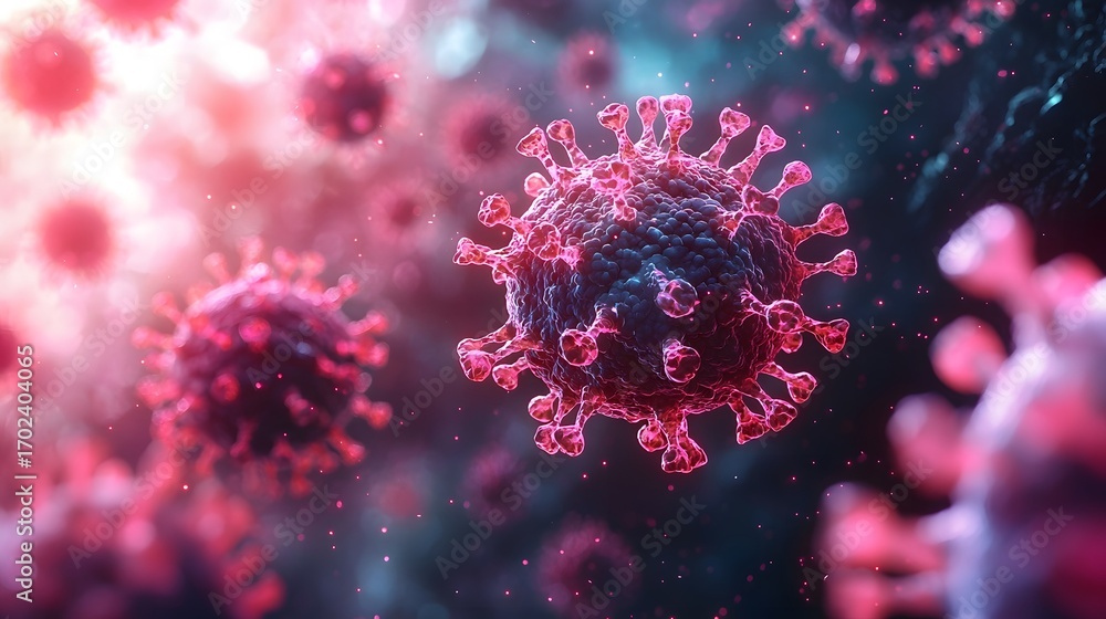 Poster microscopic view of glowing red virus particles in a dark science laboratory setting