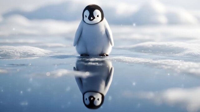 Adorable baby penguin stands on frozen lake with reflection