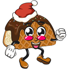 cute choco taco ice cream mascot character vector illustration walking while wearing a santa hat, work of hand drawn