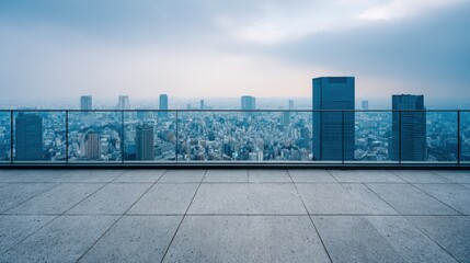 Fototapeta premium Cityscape Panorama from Modern Rooftop Terrace with Glass Railing under Cloudy Sky