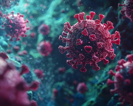 Microscopic view of a red coronavirus particle with prominent spikes against a blurred teal and green background