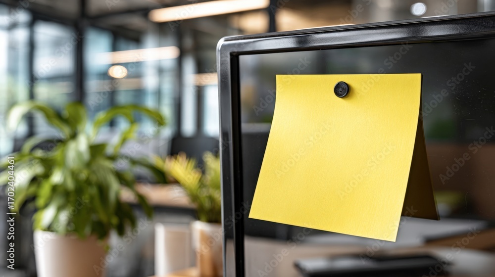 Poster yellow sticky note attached to computer monitor in modern office setting for reminder or message