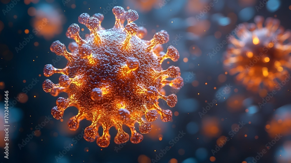 Poster glowing 3d rendering of a virus particle symbolizing microscopic threat and scientific research