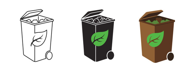 Vector art of three different styles of compost bins with a green leaf symbol