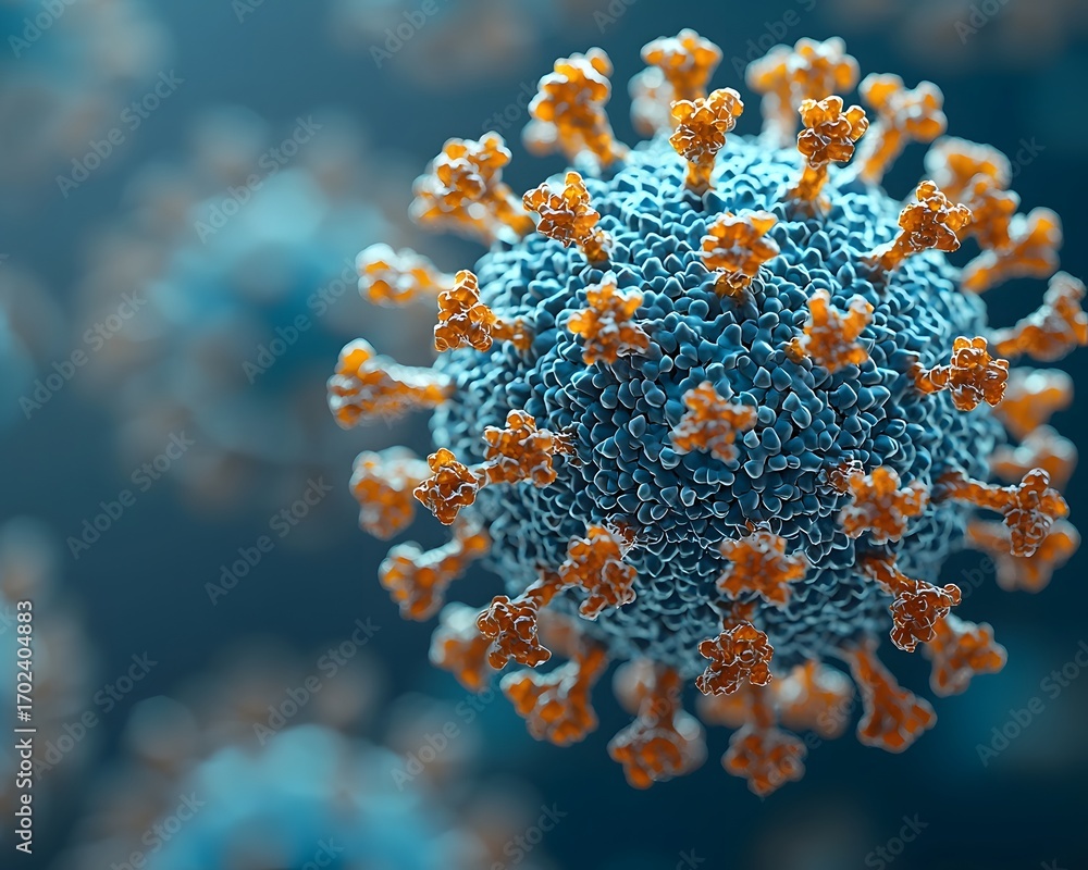 Poster a highly detailed microscopic view of a virus particle with prominent spikes against a dark blurred 