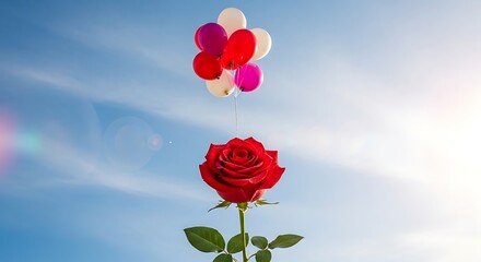 Red Rose and Balloons Floating in the Blue Sky.