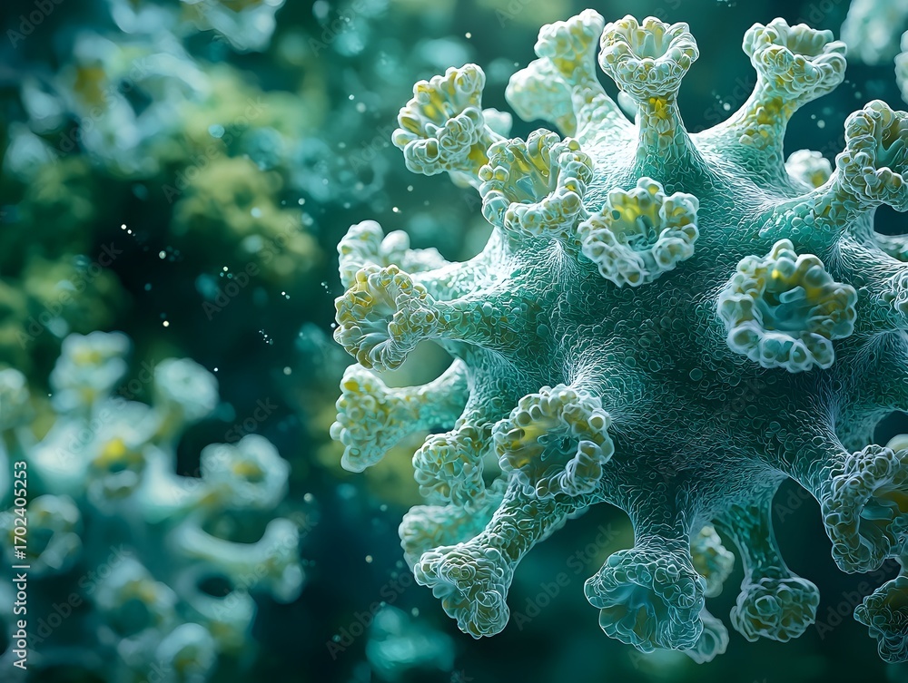 Poster detailed close up visualization of a microscopic virus particle illustrating its complex spiky struc
