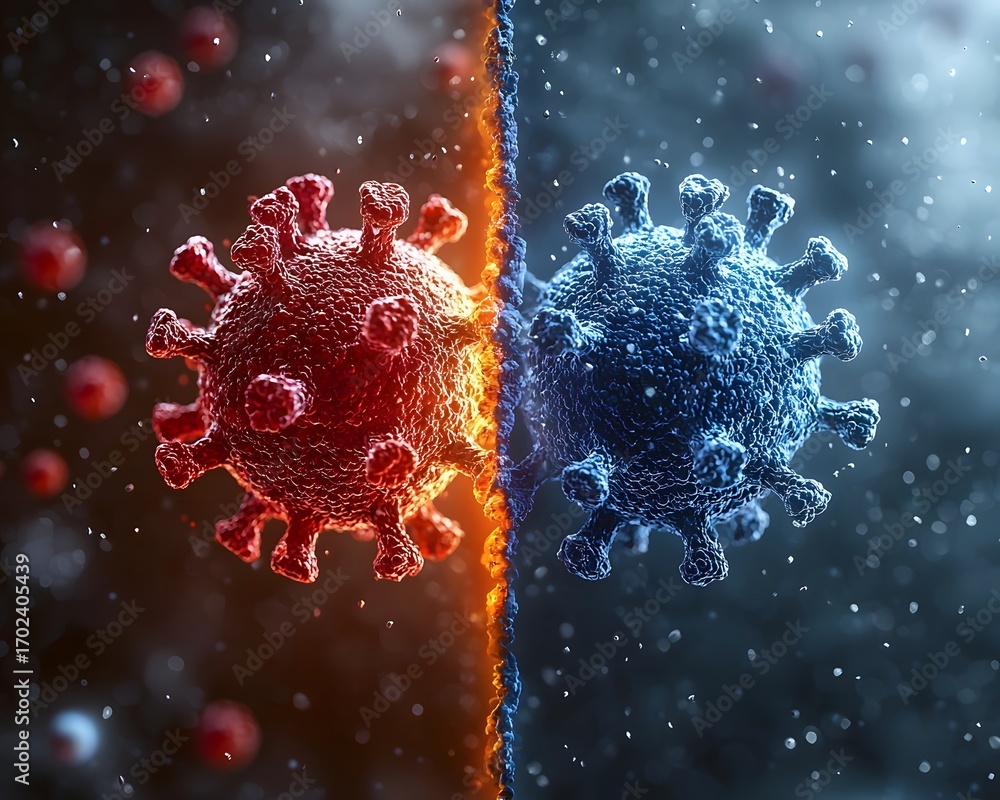 Poster microscopic view of a red virus contrasting with a blue virus separated by a glowing divide symboliz