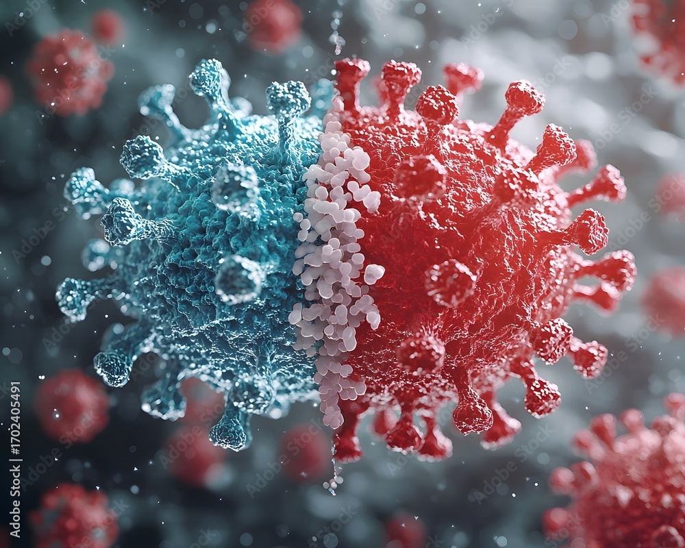 Poster detailed abstract representation of a virus split into contrasting blue and red sections symbolizing