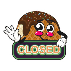 cute choco taco ice cream mascot character vector illustration showing a sign that says closed while waving his hand, work of hand drawn