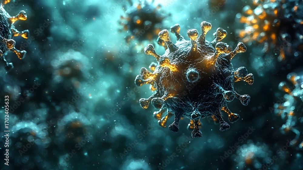 Poster microscopic view of a virus particle resembling coronavirus against a dark glowing background symbol