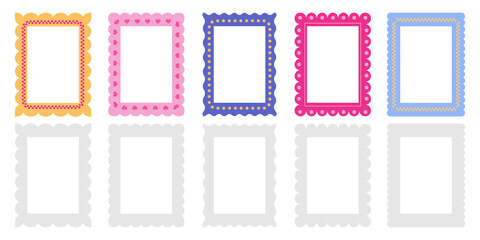 Set of frames with wavy edges. Trendy doodle borders with geometric patterns and curved shapes. Abstract design elements for invitations. Flat vector illustration collection isolated on background