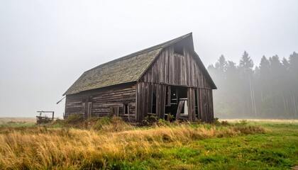 Obraz premium Abandoned Wooden Barn in Foggy Landscape Surrounded by Grass