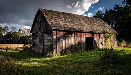 Obraz premium Rustic Wooden Barn Surrounded by Lush Greenery and Dramatic Sky