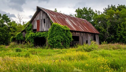 Obraz premium Abandoned Rustic Barn Surrounded by Lush Greenery and Flowers