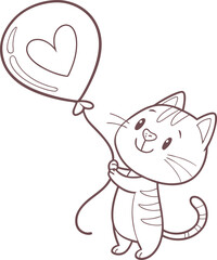 Cute cartoon cat holding a red heart shaped balloon for valentine s day celebration