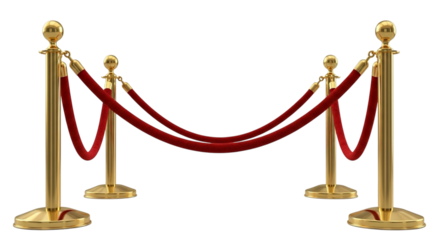 Luxury golden stanchions with red velvet ropes on black background