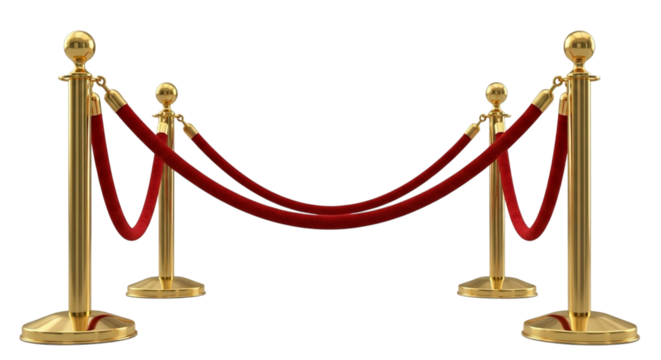 Luxury golden stanchions with red velvet ropes on black background