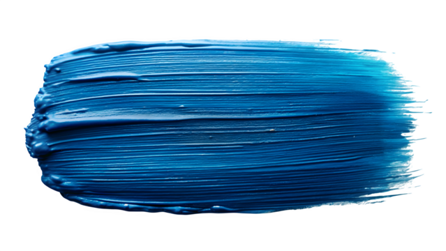 Close-up textured blue oil paint brushstroke on transparent background