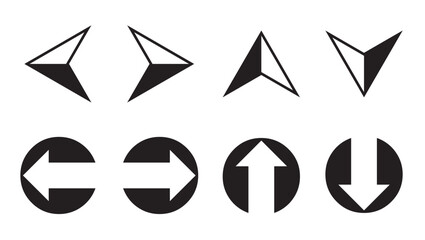 Modern Directional Arrows Icon Set – Black Vector Arrow Symbols in Circular and Triangular Styles, Navigation, User Interface, Web, Mobile Apps, and Map Design Elements © AB-Creation's