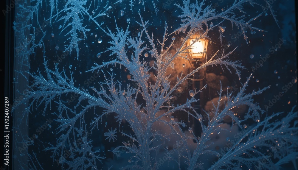 Poster frosted window with intricate ice patterns illuminated by warm lantern glow at night