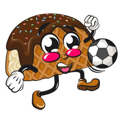 cute choco taco ice cream mascot character vector illustration playing football or soccer, work of hand drawn