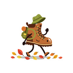 Cartoon hiking boot character with backpack and hat walking on leaves isolated