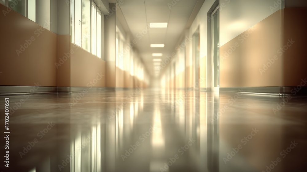 Poster empty school corridor with polished floors and natural light filtering through windows, creating a t