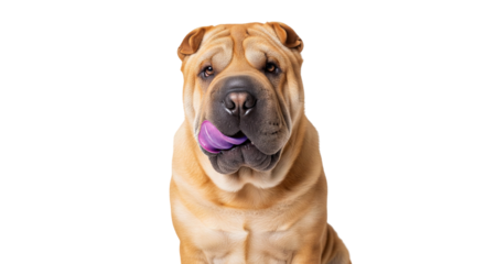 Playful Shar Pei dog licking its lips while sitting against a transparent background, showcasing its unique wrinkles and expression