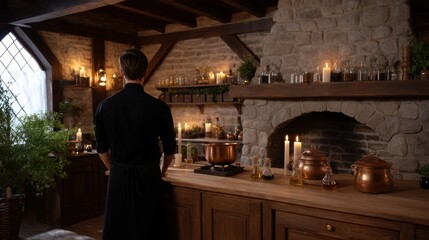 Obraz premium Cozy Kitchen with Warm Candlelight and Herbal Elements for Culinary Inspiration and Creativity