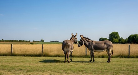 Two Donkeys in a Field Under a Sunny Sky.