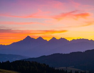 Silhouetted mountain range at vibrant sunset