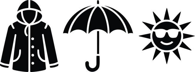 Weather Icons Showing a Rain Coat, Umbrella, and Smiling Sun Wearing Sunglasses Depicting Weather Conditions and Possible Activities during those Times
