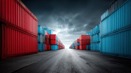 Shipping Containers Stacked in Port for Global Trade and Logistics Under Dramatic Sky