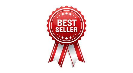 Red oval best seller award ribbon with white text isolated on transparent background