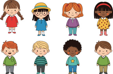 Diverse group of happy cartoon children in colorful outfits, multicultural boys and girls standing together, cute vector illustration for education and design