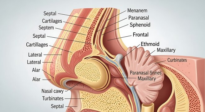 Human Nasal Cavity and Paranasal Sinuses Anatomy Diagram.
