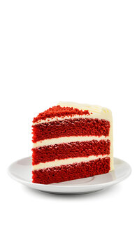 a slice of red velvet cake on a small plain white plate, deep red sponge layers with cream cheese frosting between layers, smooth frosting on top, background isolated in pure white
